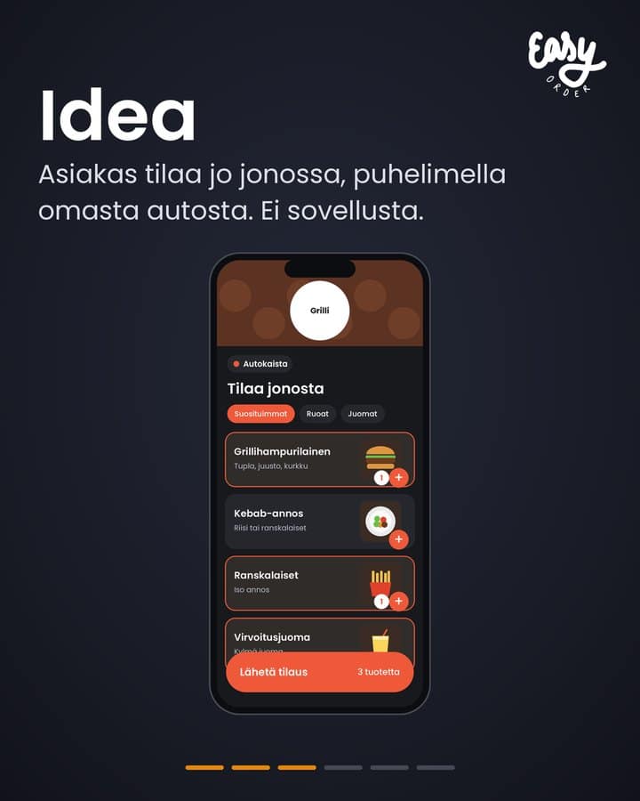 Idea: asiakas tilaa jo jonossa puhelimella, ei sovellusta